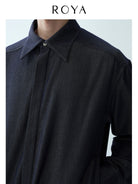 ROYA Silk Blend Denim Style Blouson in Blue - On Model