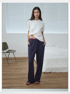 RARELY ALIKE Lace Waist Adjustable Joggers in Navy Blue - On Model