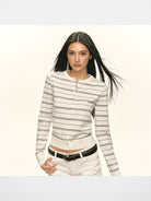 ARISEISM Striped Round Neck Cardigan in White - On Model