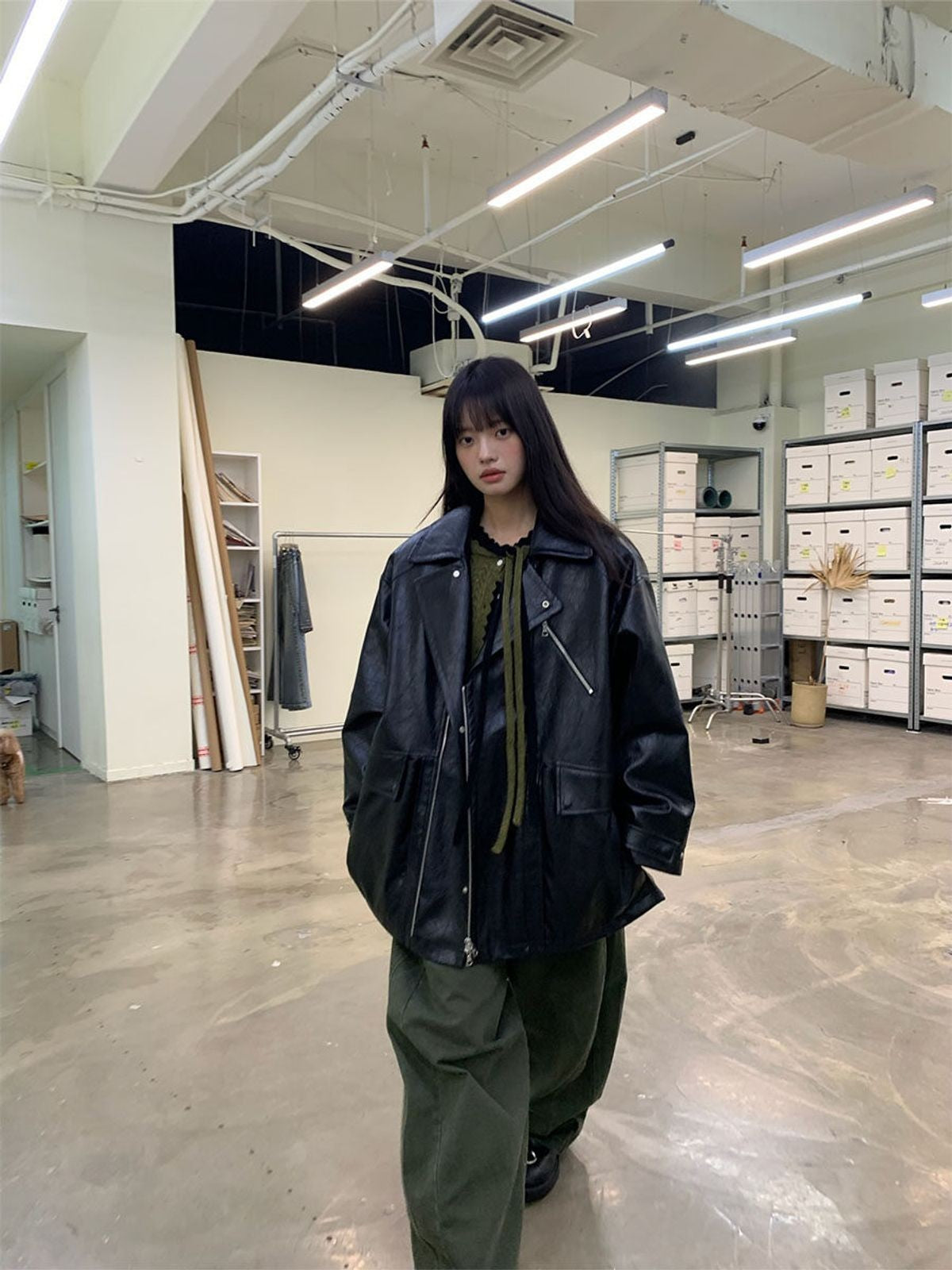 NeverSeez Padded PU Leather Trench Coat in Black - On Female Model