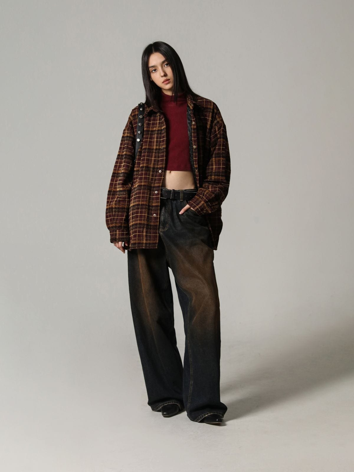 MasonPrince Padded Fine Plaid Shirt Jacket in Burgundy - On Female Model