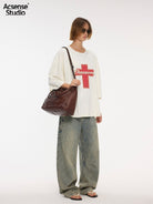 ACSENSE STUDIO Heavy Washed Cross Print T Shirt in Off-White - On Model