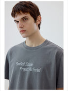 Simple Project Garment Dyed Slogan T Shirt in Gray - On Male Model