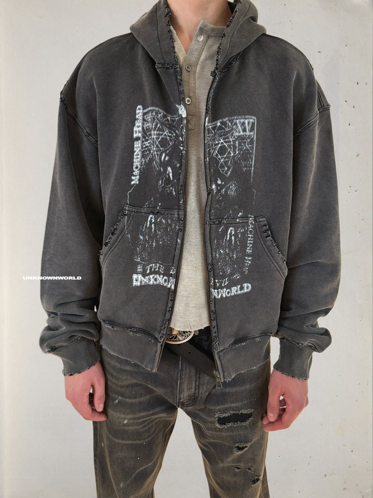 UNKNOWNWORLD Distressed Mechanical Print Hoodie in Black - On Model