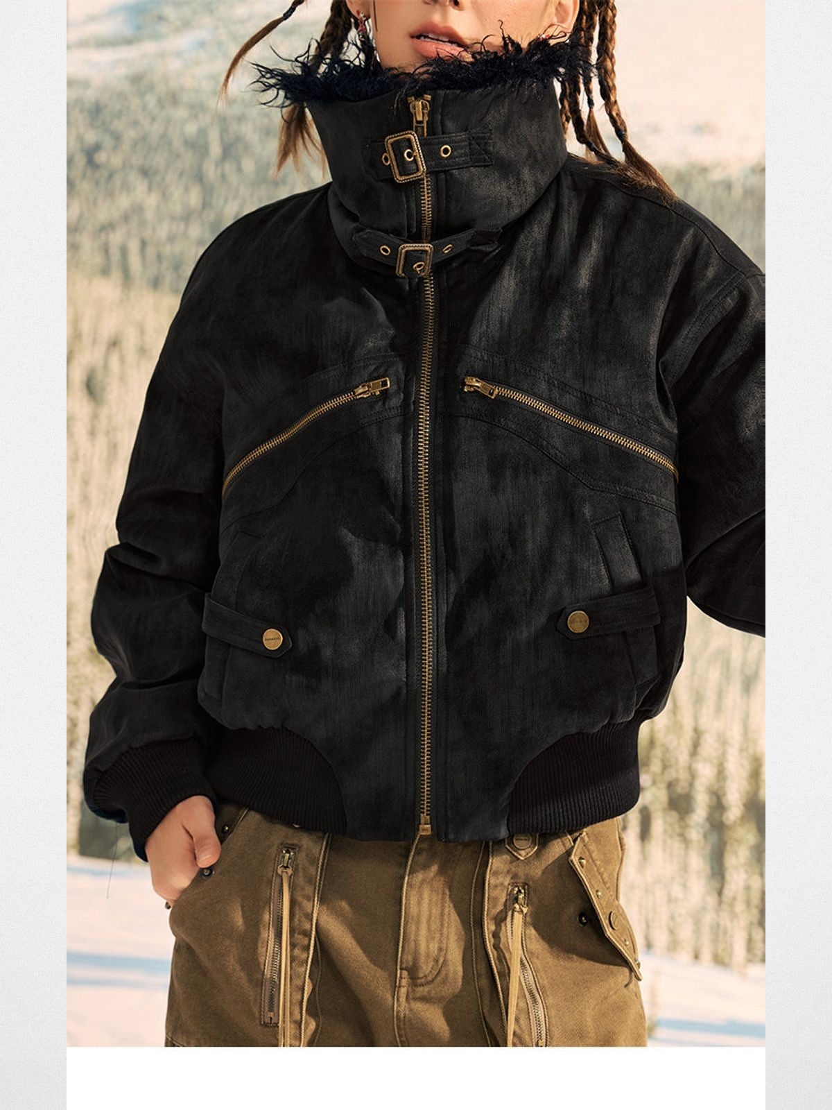 Beer Bro Faux Fur Collar PU Suede Bomber in Black - On Model