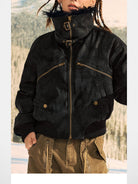 Beer Bro Faux Fur Collar PU Suede Bomber in Black - On Model