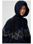 Simple Project Offset Argyle Hooded Cardigan in Navy Blue - On Female Model