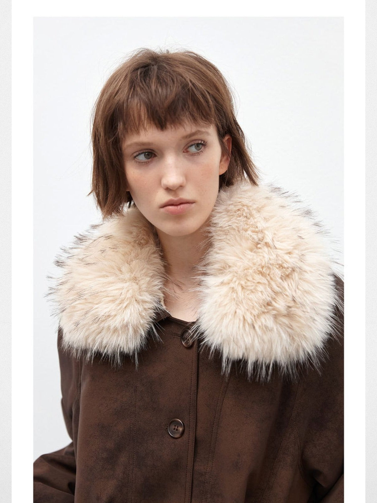 PUKI Belted Faux Suede Parka with Fur Collar in Brown - On Model