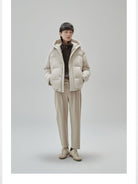 NANS Wide Quilt Hooded Down Puffer in Beige - On Model