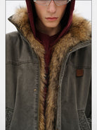 MASONPRINCE Fox Fur Collar Canvas Hunting Jacket in Green - On Model #color_green