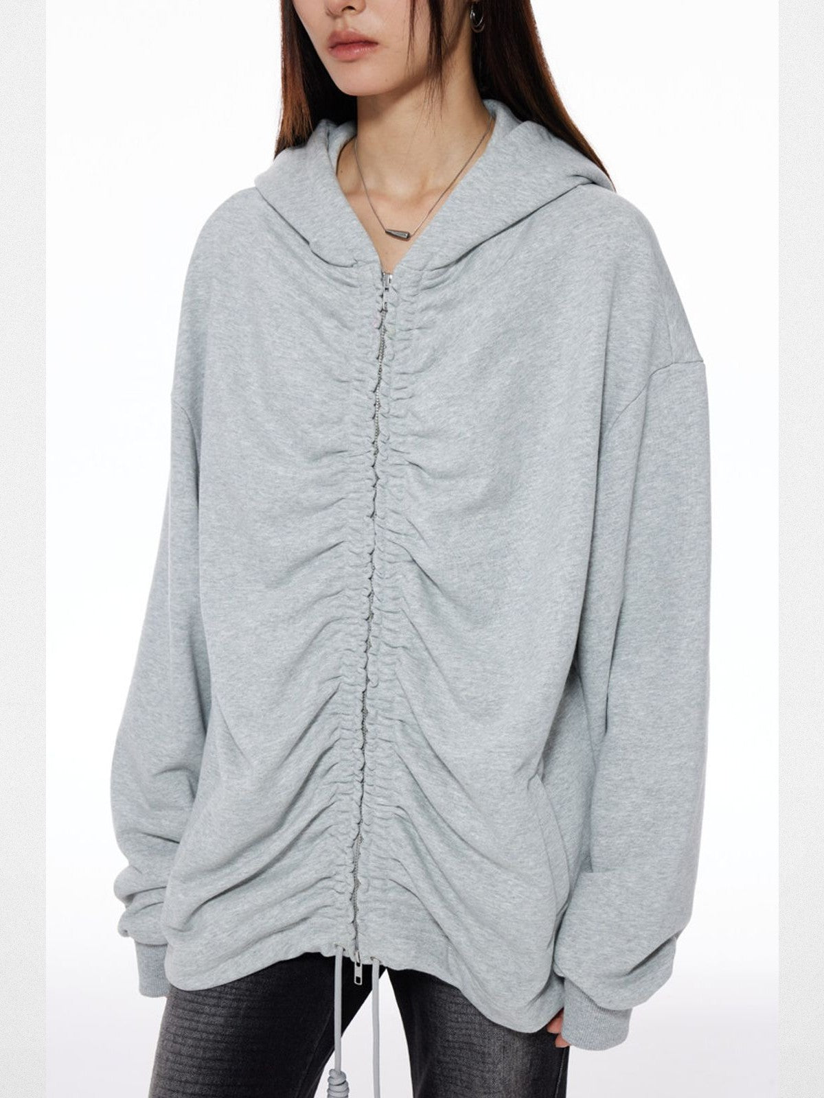THELIGHT OFFICIAL Ruched Fleece Lined Zip Hoodie in Gray - On Model