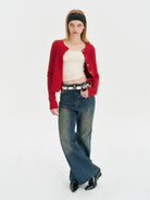 Amee Cable Knit Crew Cardigan in Red - On Model