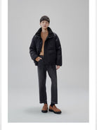 NANS Sherpa Collar Multi Pocket Down Puffer in Black - On Male Model