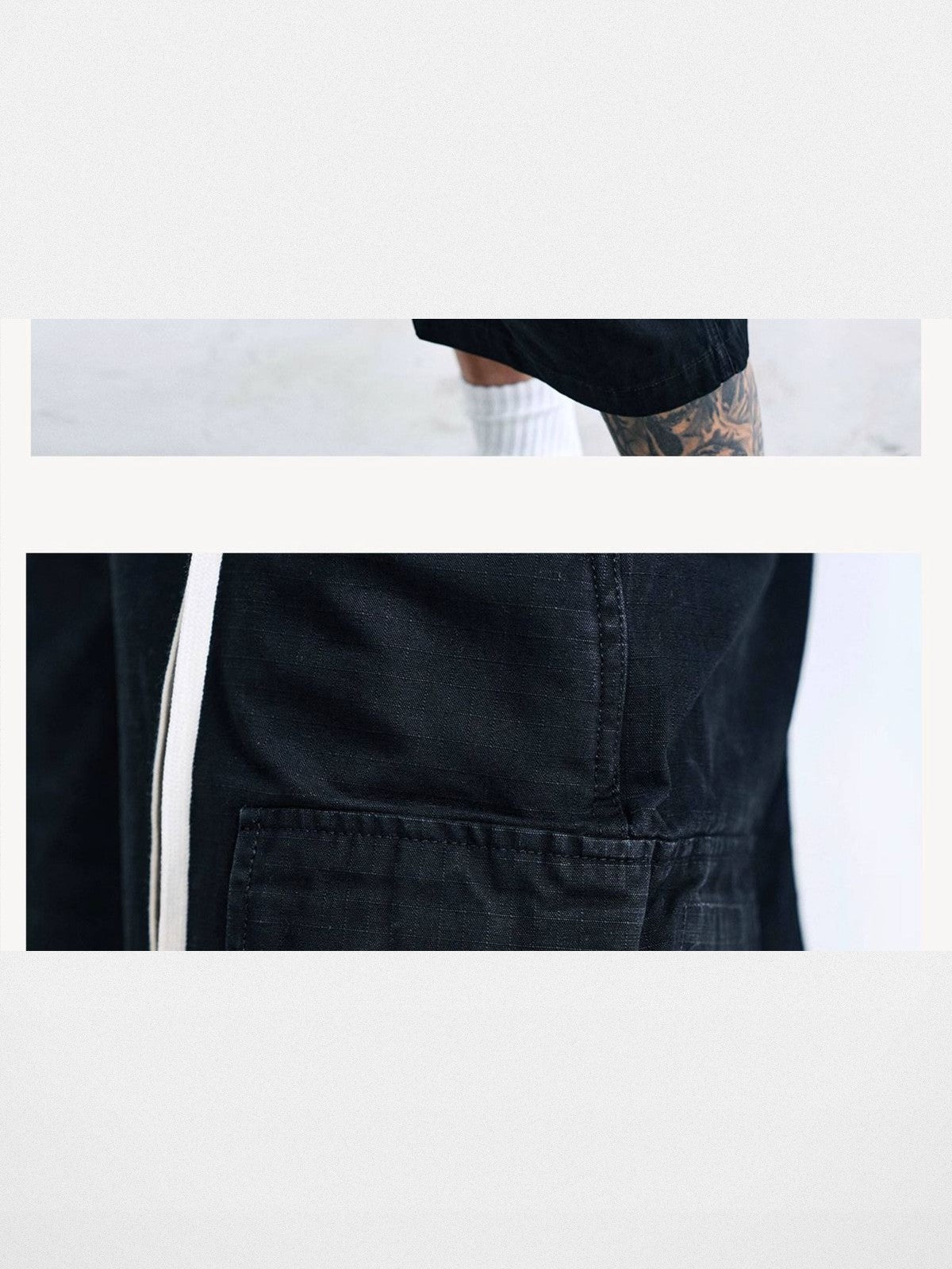 SWFI Distressed Wide Leg Cargo Shorts in Black - Detail