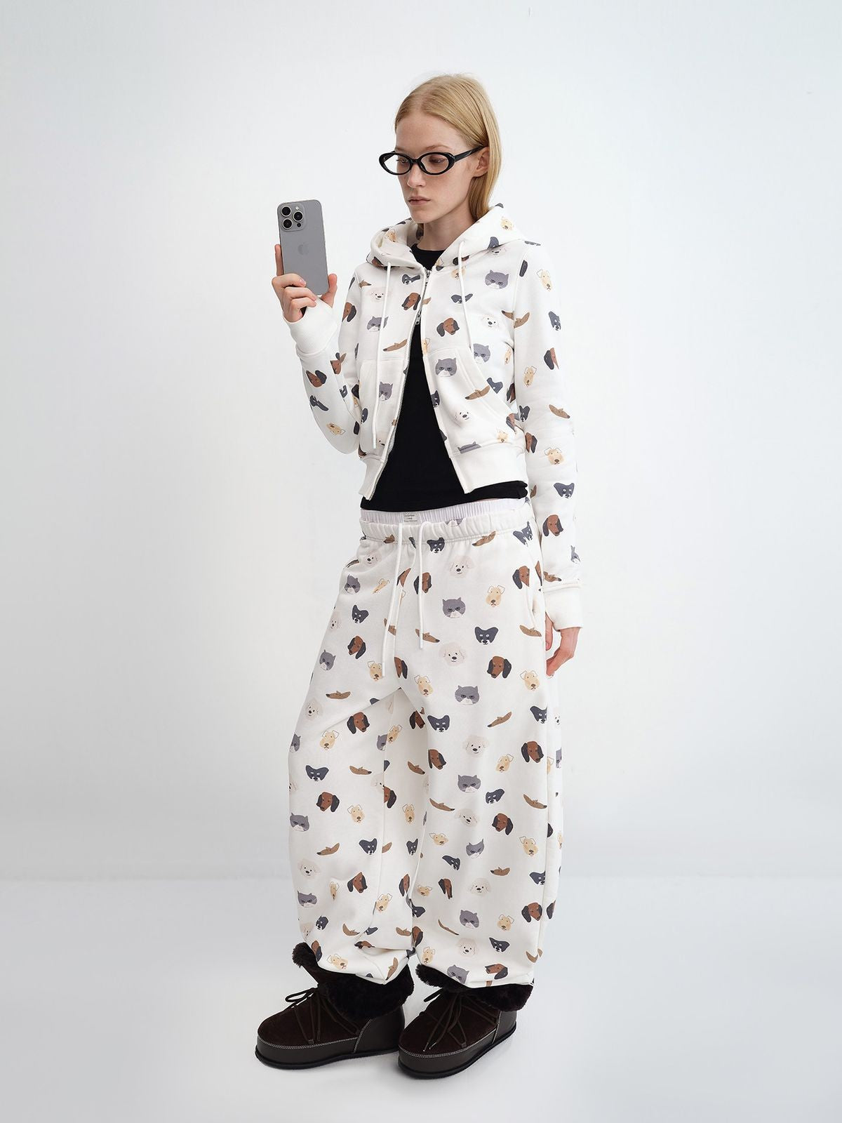 RARELY ALIKE Cat Dog Print Cropped Zip Hoodie in White - On Model