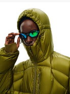 FPA Semi Sheer 800FP Hooded Puffer in Olive - On Male Model