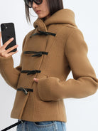 RARELY ALIKE Short Lambswool Duffle Coat in Beige - On Model