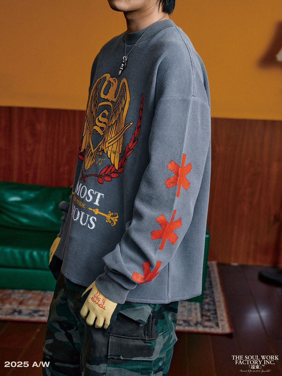 SWFI Distressed Graphic Waffle Long Sleeve in Gray - On Model