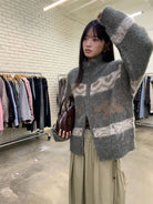 NeverSeez Fair Isle Dog Zip Up Cardigan in Gray - On Female Model