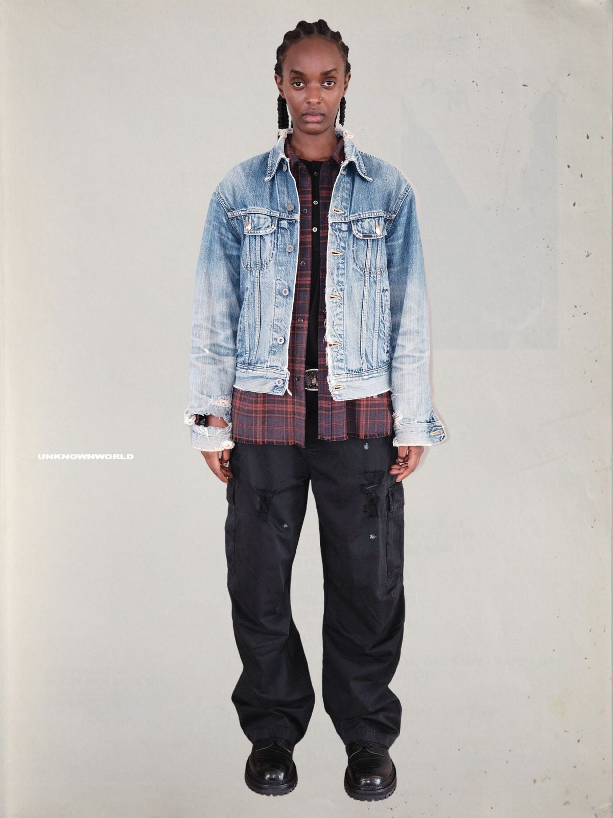 UNKNOWNWORLD Heavy Distressed Denim Jacket in Blue - On Model