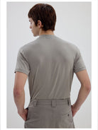 Simple Project Merino Wool Blend Mock Neck T Shirt in Beige - On Model