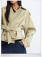 RARELY ALIKE Double Breasted Short Trench Jacket in Beige - On Model