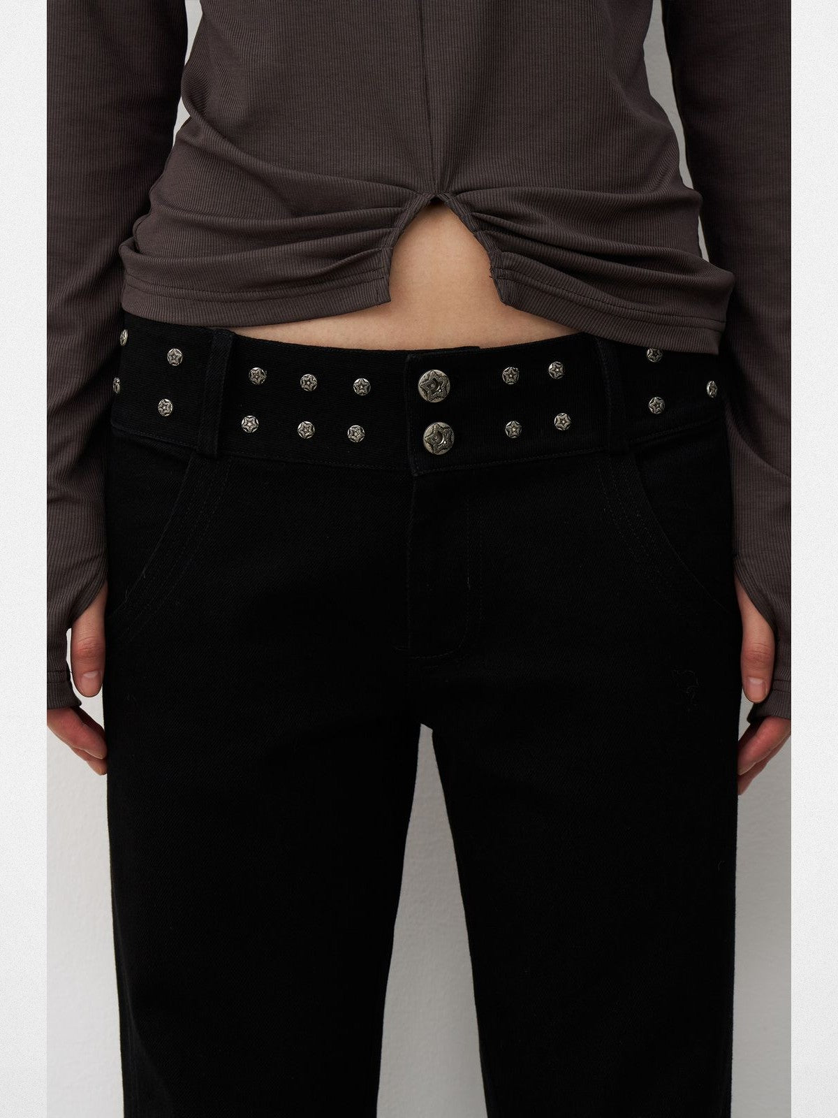 THELIGHT OFFICIAL Studded Micro Flare Trousers in Black - On Model