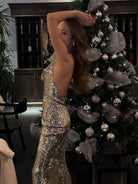 1S STUDIO Silver Sequin Cowl Neck Halter Dress in Silver - On Model