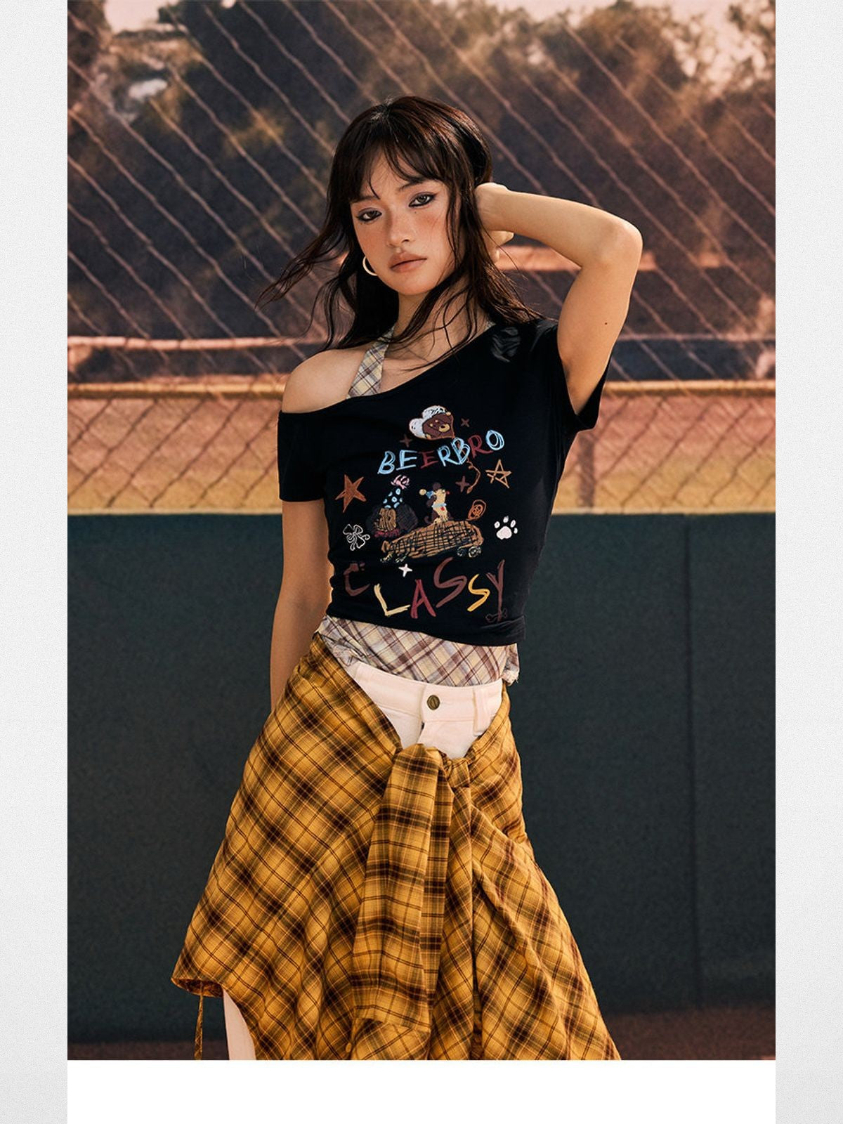 BeerBro Asymmetric Graffiti Puppy Crop Top in Black - On Model