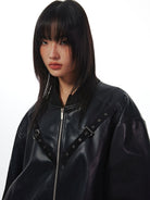 THELIGHT OFFICIAL Buckled Faux Leather Varsity Jacket in Black - On Model
