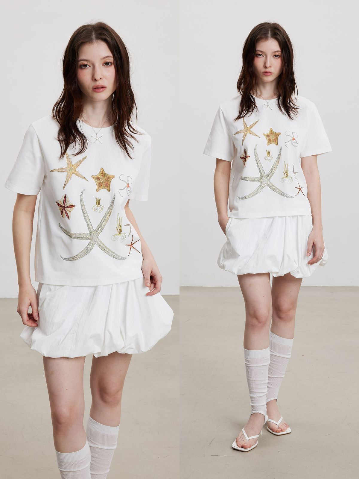 THELIGHT OFFICIAL Starfish Rhinestone T Shirt in White - On Model
