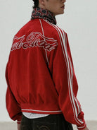 BADSEED Side Stripe Cotton Bomber Jacket in Red - On Model