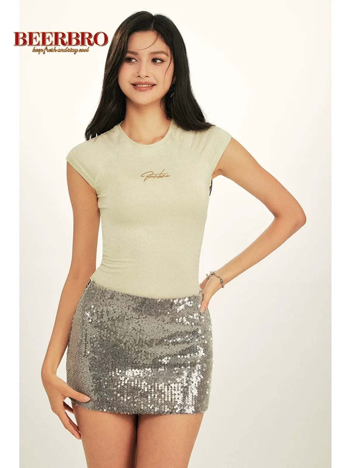 BeerBro Silver Thread Raglan Baby Tee in Mint - On Model