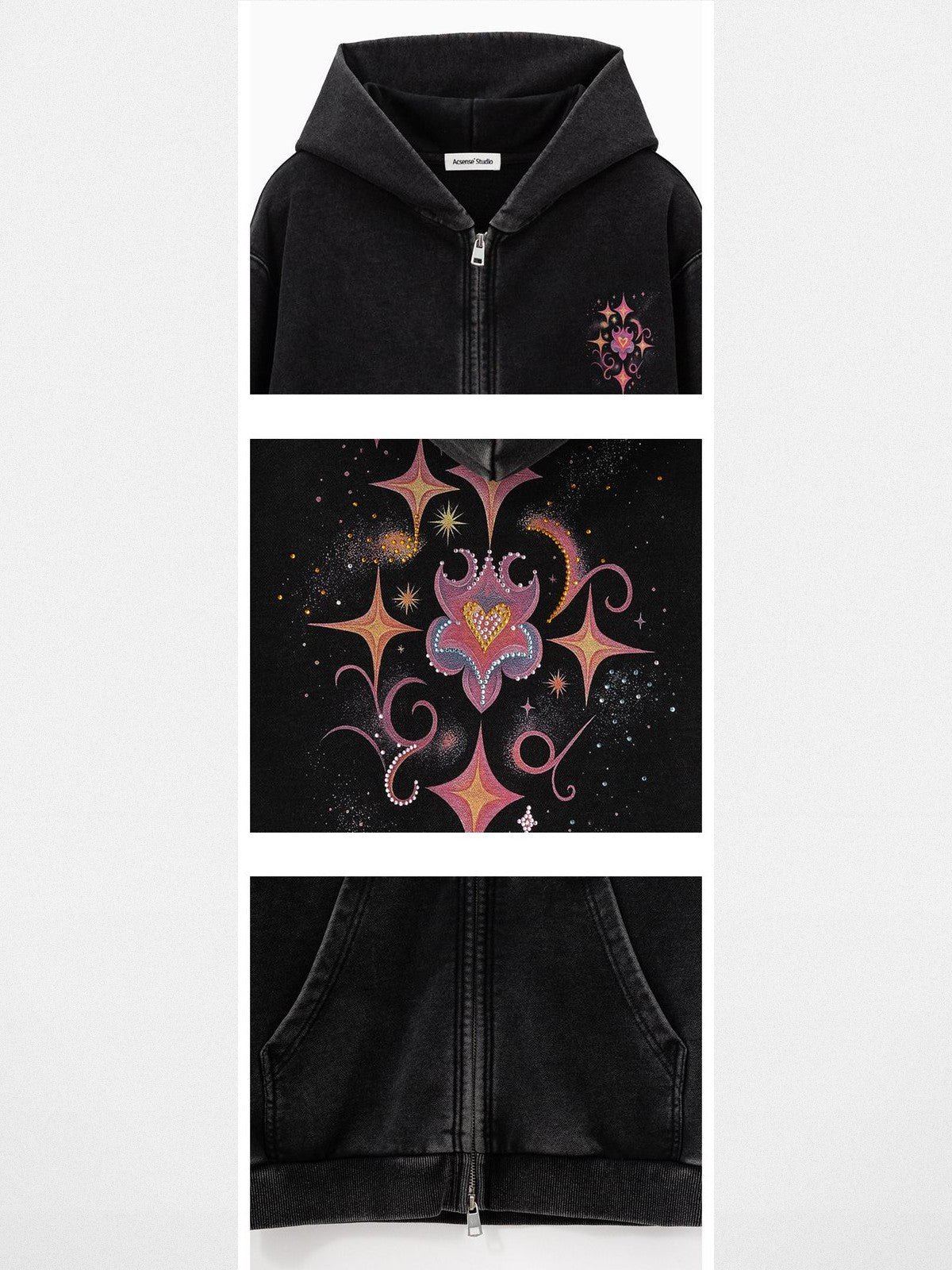ACSENSE STUDIO Rhinestone Logo Zip Up Hoodie in Black - Detail