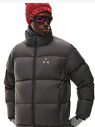 FPA Logo Print Down Puffer Jacket in Black - On Male Model