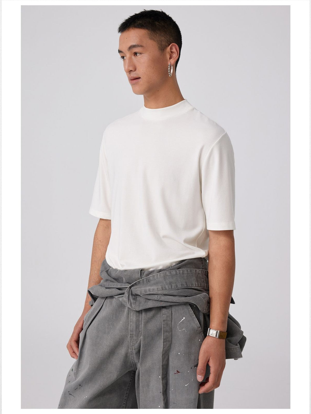 Simple Project Merino Wool Mock Neck T Shirt in White - On Male Model