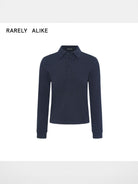 RARELY ALIKE Side Slit Long Sleeve Polo in Navy Blue