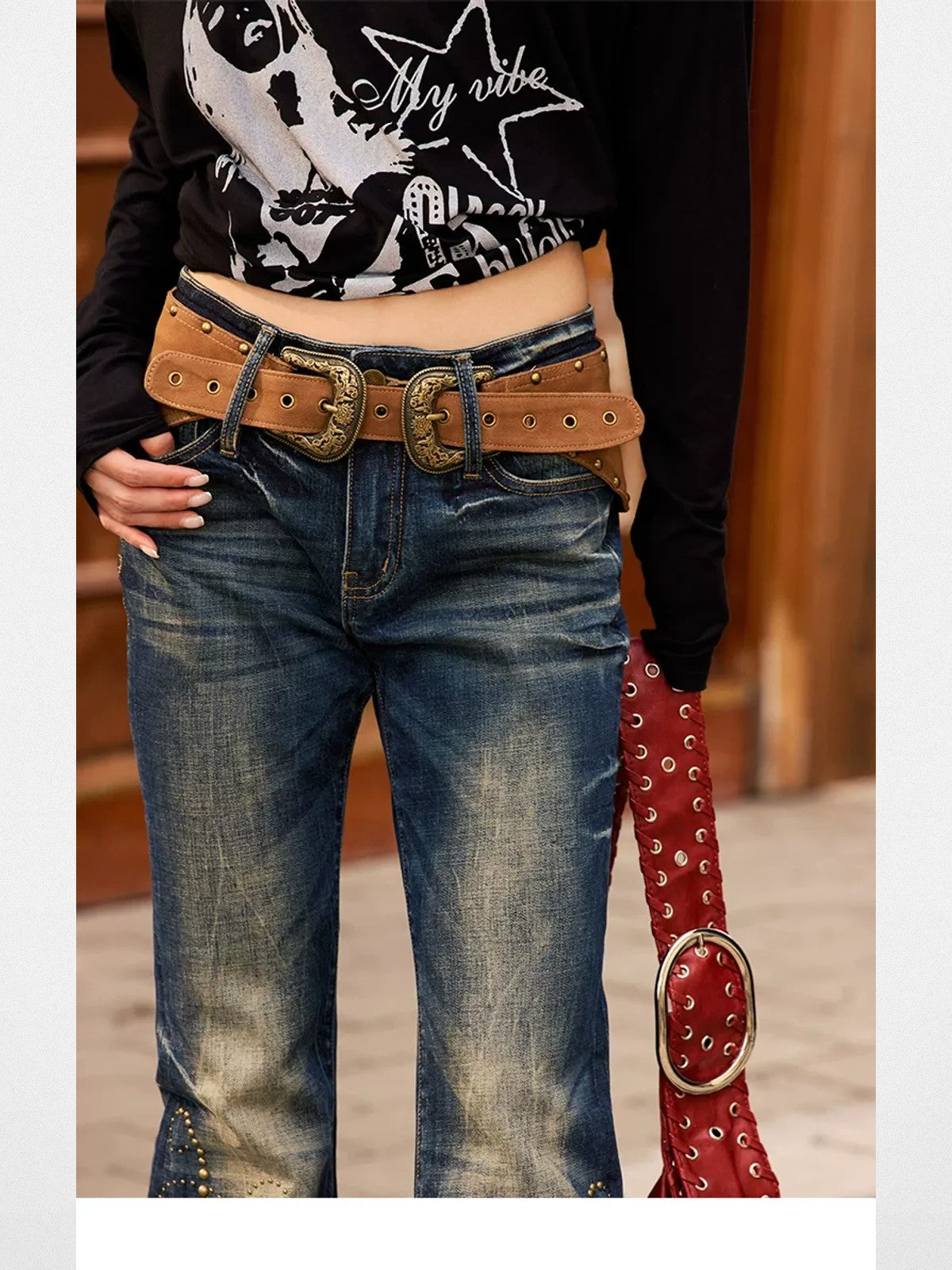 BeerBro Studded Rhinestone Micro Flare Jeans in Navy - On Model