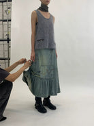 NeverSeez Asymmetric Vintage Wash Denim Skirt in Blue - On Model