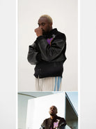 MEDM Wool Blend Varsity Jacket in Black - On Model