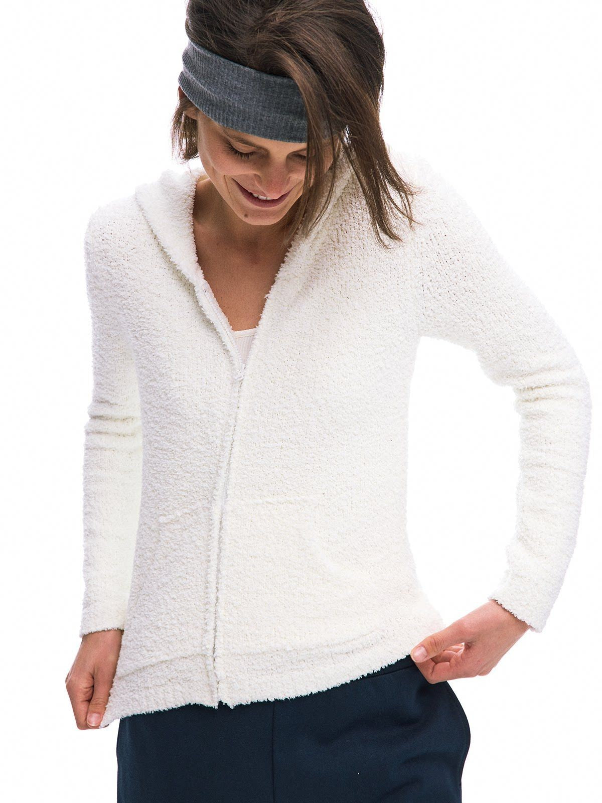 alright then Plush Knit Zip Up Hoodie in White - On Model