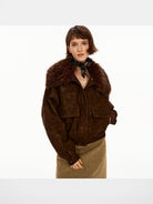 PUKI Washed Suede Parka with Fur Collar in Coffee - On Model