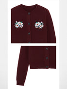 SHUSHU/TONG Beaded Floral Cashmere Cardigan in Burgundy - Detail