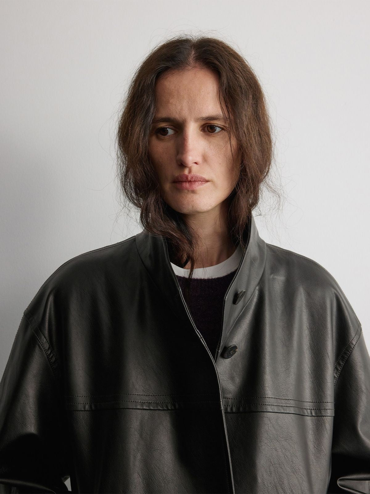 RandomPiece Wool Lined Distressed PU Coat in Black - On Female Model