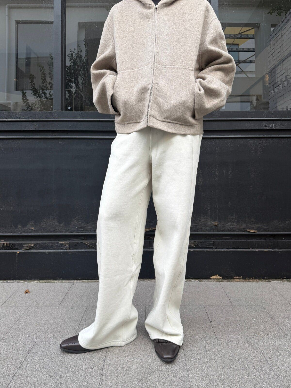 TRIANGLE PROJECT Double Faced Wool Cashmere Hoodie in Oatmeal - On Model