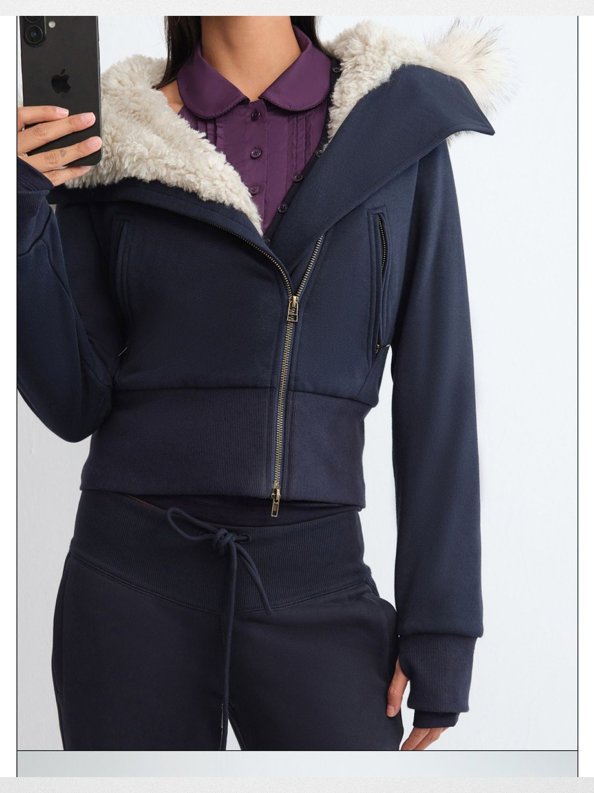 RARELY ALIKE Asymmetrical Plush Lined Jacket in Navy Blue - On Model