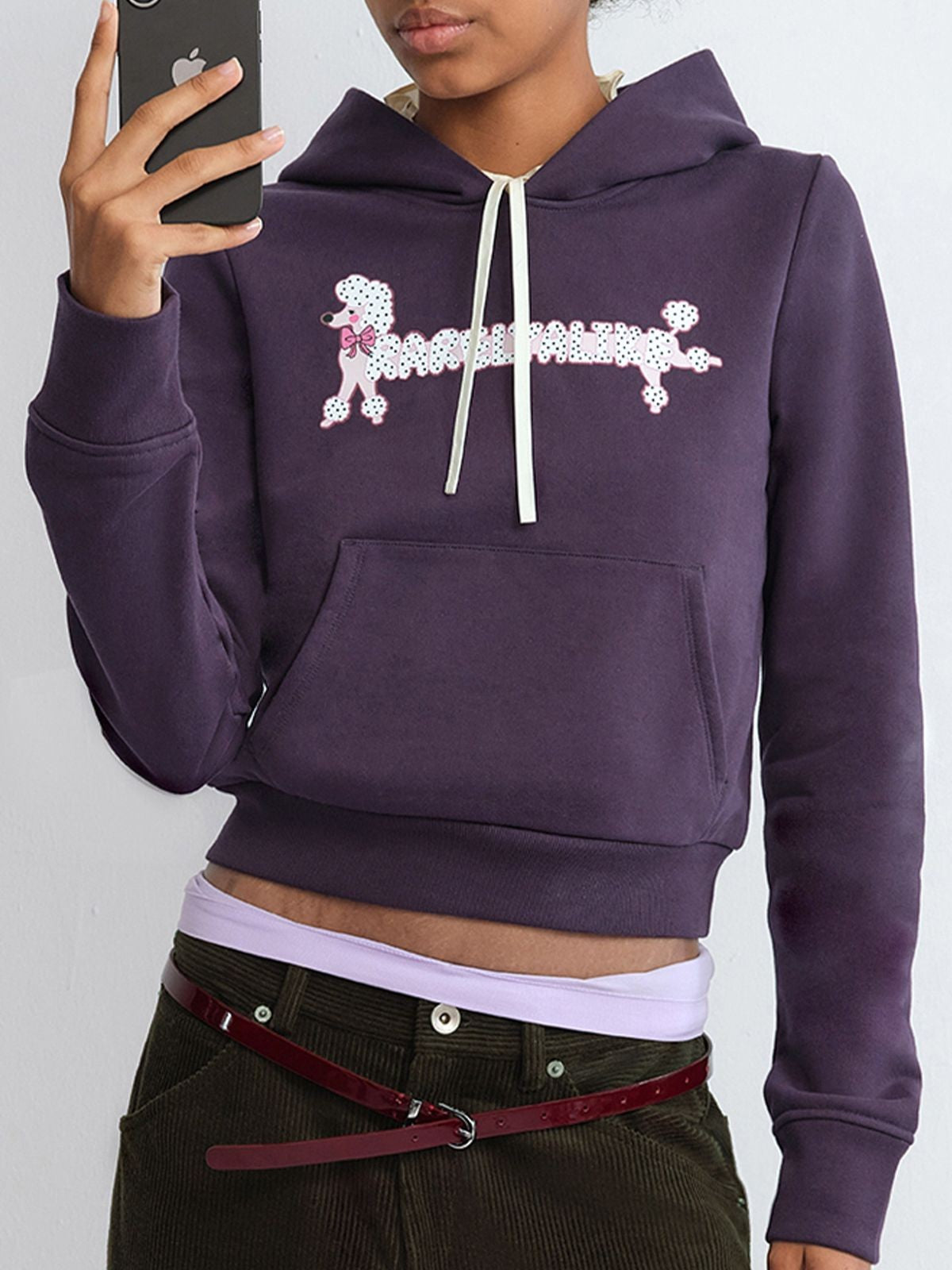 RARELY ALIKE Polka Dot Puppy Print Cropped Hoodie in Purple - On Model