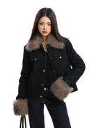 BIGGOLD STUDIO Fur Trim Padded Denim Jacket in Black - On Model #color_black