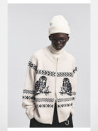 NANS Alpaca Blend Animal Jacquard Cardigan in White - On Model