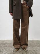 RandomPiece Air Washed Stretch Corduroy Pants in Brown - On Female Model